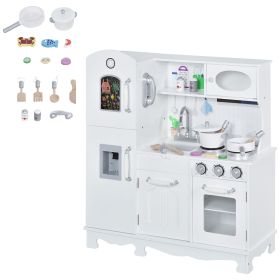 Large Kids Kitchen Set, Pretend Wooden Cooking Toy Set with Telephone, Water Dispenser Simulation Cooking Set, for Age 3 Years, White