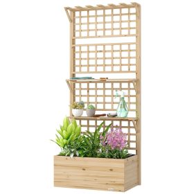 Wooden Raised Garden Bed with Trellis and Roof, Elevated Planter Box with 2 Shelves, Drainage Hole and Liner, Natural
