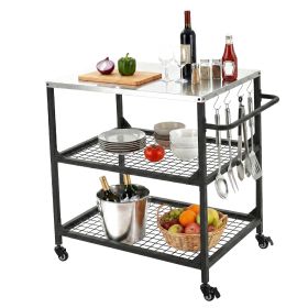 Outdoor Grill Cart, 31.5 x 24.0 inch Stainless Steel Tabletop Size Grilling Table, Outdoor Cooking Table with 4 Wheels & Side Handle, Two Mesh Sh