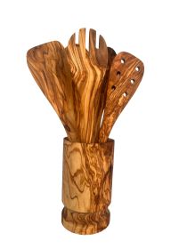 Olive Wood Kitchen Utensil Set with Holder - 6 Piece Hand Carved Wooden Cooking Spoons and Spatula Tools Set for Cooking, Serving